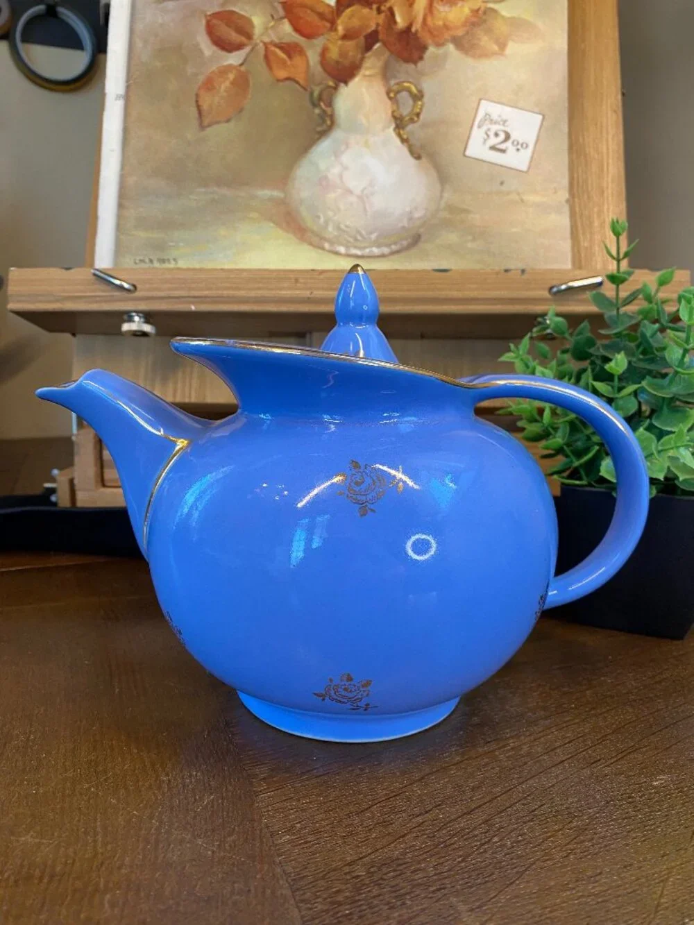 Vintage 1940's Hall China 6-cup Windshield Teapot Cadet Blue w/Gold Rose Motif